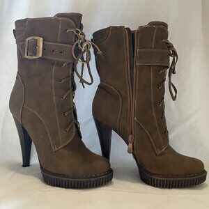 Taupe/Brown Knee High Platform Boots with Lace-Up Front, Buckle & Side Zip